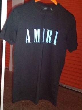AMIRI Black Short Sleeve Tee with Light Blue Logo